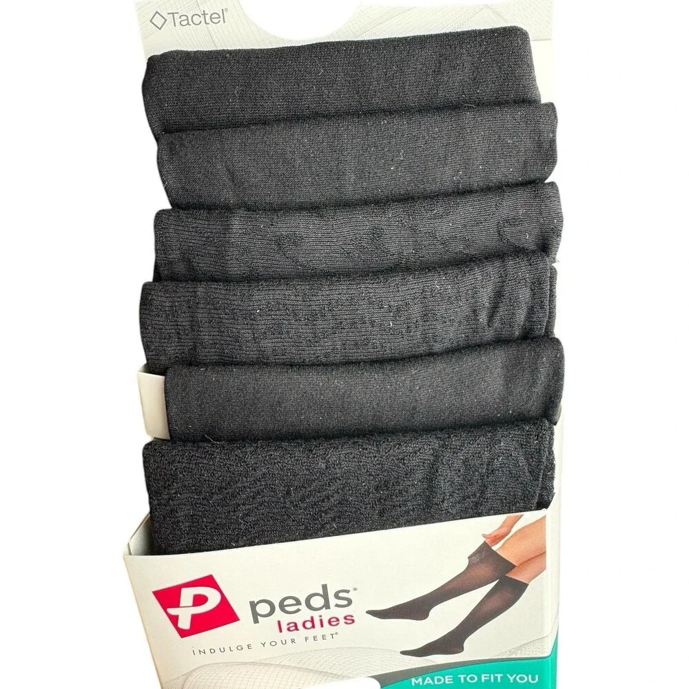 Peds Ladies Trouser Socks 6 Pair Shoe Size 5-10 Solid Pattern Non Binding Black